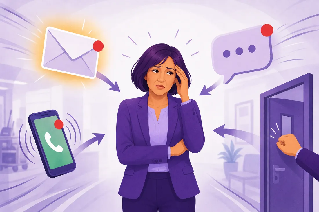 A storm of disconnected messages, calls, and notes about restroom problems converging on one overwhelmed manager.