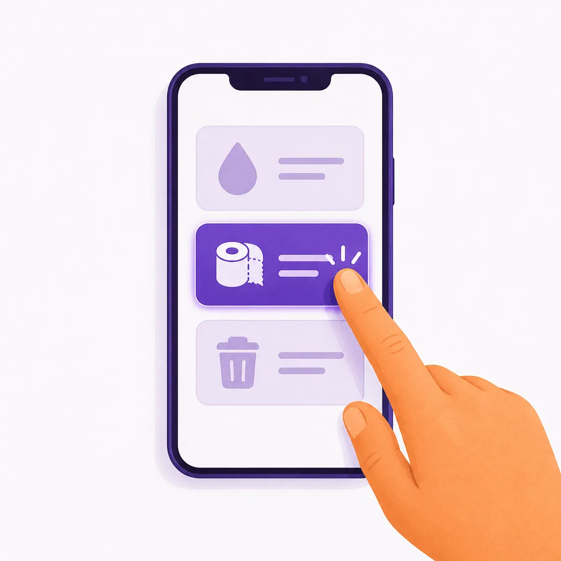 A hand tapping the problem on a phone after scanning the restroom QR — one tap, no typing, no account.